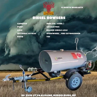 1000ltr Diesel bowzers steel available for sale at Mad Farmer SA Middelburg MP.
