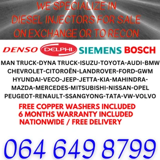 Diesel injectors for sale on exchange - we recon or exchange and give a 6 months warranty.
