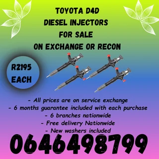 Toyota D4D diesel injectors for sale on exchange with 6 months warranty.