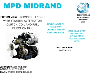 Foton View - Complete Engine With Starter, Alternator, Clutch, Coil &amp; Fuel Injection Rail