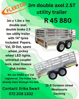 3m x 1.5m x 1m Double axle braked 2.5 t Utility trailer for sale