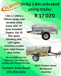 1.8m x 1.280m x 750mm Single axle unbraked Utility Trailer for sale