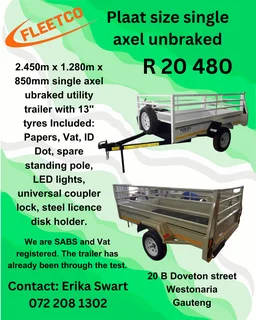 Plate size single axle unbraked Utility Trailer for sale