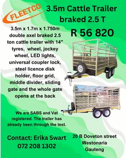 3.5m x 1.7m x 1.750m Double axle braked 2.5 ton Cattle Trailer for sale