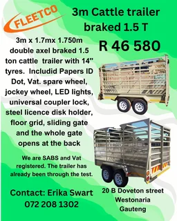 3m Double axle braked 1.5 ton Cattle Trailer for sale