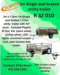 3m single axle braked 1.5 ton Utility Trailer for sale