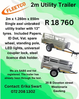 2m single axle unbraked 750kg Utility Trailer for sale