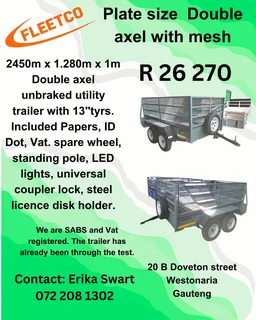 Plate size double axle unbraked 750kg Utility trailer with mesh for sale