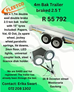 4m double axle braked 2.5 ton Bak Trailer  for sale