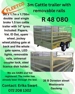 3m double axle braked 1.5 ton Cattle Trailer with removable rails for sale
