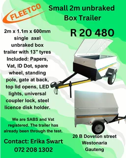 2m single axle unbraked 750kg Small Box trailer for sale