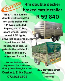 4m double axle braked 2.5 ton Double decker Cattle trailer for sale