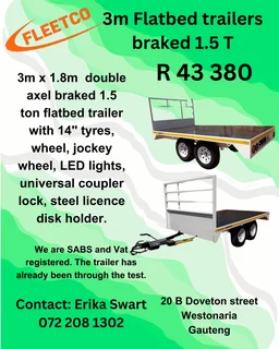 3m Double axle braked .5 ton Flatbed Trailer for sale