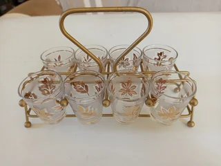Vintage Set Of 8 Libbey Gold Leaf Frosted Tumbler Glasses In Metal Caddy