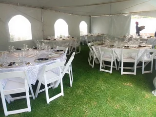 Marquee tent hire with round tables,Wimbledon chairs, Linen, Cutlery and crockery. Full decor set up