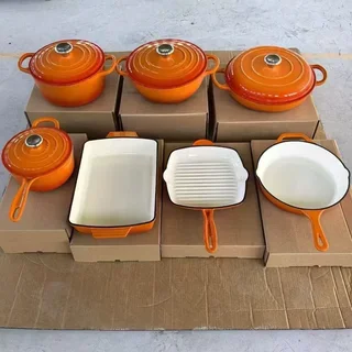 4 Piece Cast Iron Cookware Pots Non-Stick ( Orange )