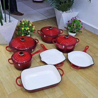 7 Piece Cast Iron Cookware Pots Non-Stick ( Red )