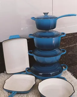 7 Piece Cast Iron Cookware Pots Non-Stick ( Blue )