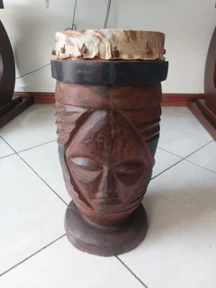 Hand Carved Hard Wood Traditional Drum with 3 Faces