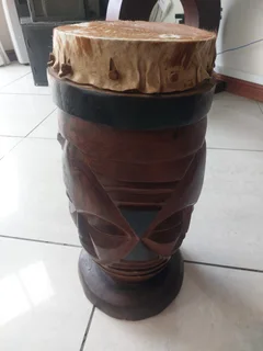 Hand Carved Hard Wood Traditional Drum with 3 Faces
