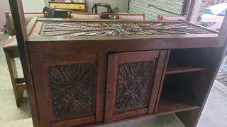 Vintage Hardwood Hand-carved Bar with 4 chairs and canopy plus storage shelves behind