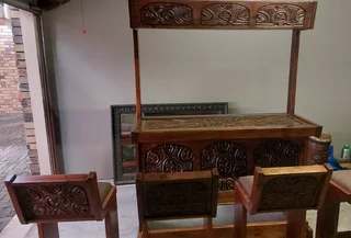 Vintage Hardwood Hand-carved Bar with 4 chairs and canopy plus storage shelves behind