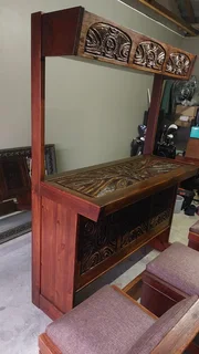 Vintage Hardwood Hand-carved Bar with 4 chairs and canopy plus storage shelves behind