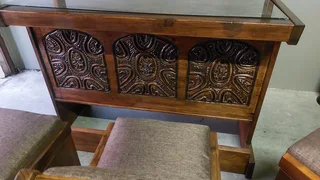 Vintage Hardwood Hand-carved Bar with 4 chairs and canopy plus storage shelves behind