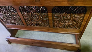 Vintage Hardwood Hand-carved Bar with 4 chairs and canopy plus storage shelves behind