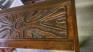 Vintage Hardwood Hand-carved Bar with 4 chairs and canopy plus storage shelves behind