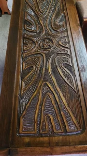 Vintage Hardwood Hand-carved Bar with 4 chairs and canopy plus storage shelves behind