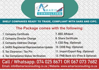 2016 TO 2025 SHELF COMPANIES READY TO TRADE, COMPLIANT WITH SARS AND CIPC. AFFORDABLE!!