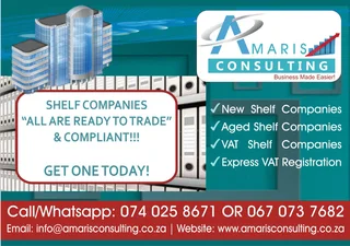 2016 TO 2025 SHELF COMPANIES READY TO TRADE, COMPLIANT WITH SARS AND CIPC. AFFORDABLE!!