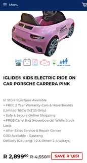 Girls electric ride on car Porsche Carrera pink color R2000 Cash