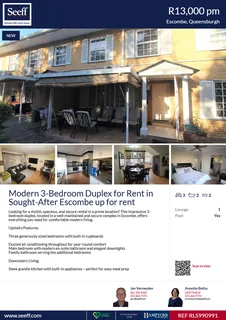 3-bedroom, 2-bathroom Duplex in Escombe for rent - R13000