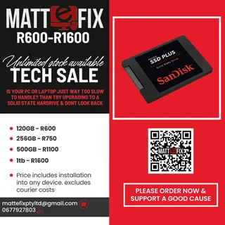 Brand new 120gb, 256gb, 512Gb and 1TB Solid state drive including installation.