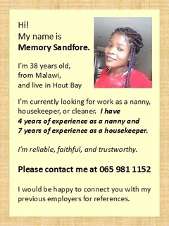 Nanny, Cleaning lady is looking for job.