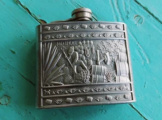 Vintage antique hip flask Mayahuel engraving alcohol container drinks