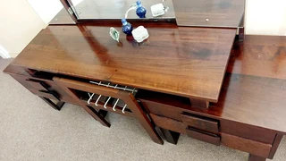 Vintage antique imbuia spieelkas riempies seat bank chair mirrors drawers cabinet vanity chest