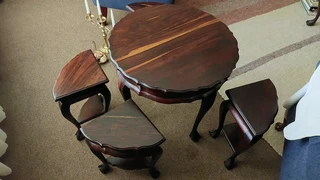 Tambotie solid hardwood table 4 chairs seats stools ball claw 1940s