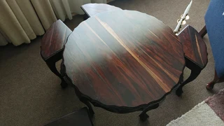 Tambotie solid hardwood table 4 chairs seats stools ball claw 1940s