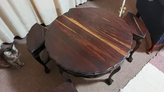 Tambotie solid hardwood table 4 chairs seats stools ball claw 1940s