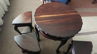 Tambotie solid hardwood table 4 chairs seats stools ball claw 1940s