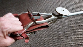 Vintage antique shooting stick fold down folding seat genuine leather metal