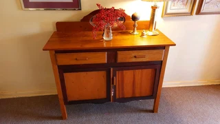 Vintage antique wooden cupboard drawers display case cabinet mirror