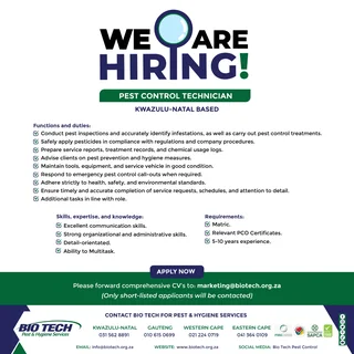 Pest Control Technician Job Vacancy in Durban, Kwazulu-Natal
