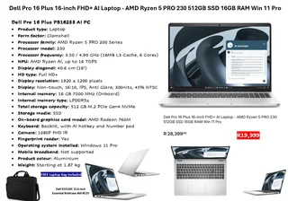 Dell Pro 16 Plus 16-inch FHD+ AI Laptop - AMD Ryzen 5 PRO 230 512GB SSD 16GB RAM Win 11 Pro