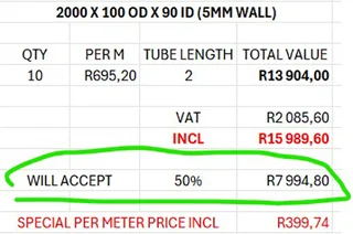 ACRYLIC TUBES 2000 X 100 OD X 90 ID (5MM WALL) not neg
