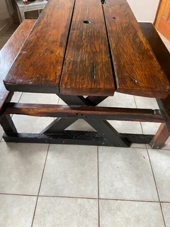 Genuine railway sleeper wood table and bench set