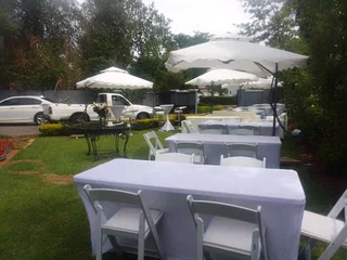 Outdoor or Indoor furniture hire and full decor. Umbrellas, trestle tables, linen, cutlery, crockery